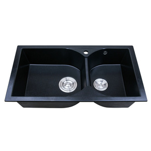 Évier de cuisine en pierre de quartz double vasque noir à encastrer 100 mm d'épaisseur facile à nettoyer surface mate BG8848 - Product Image 1