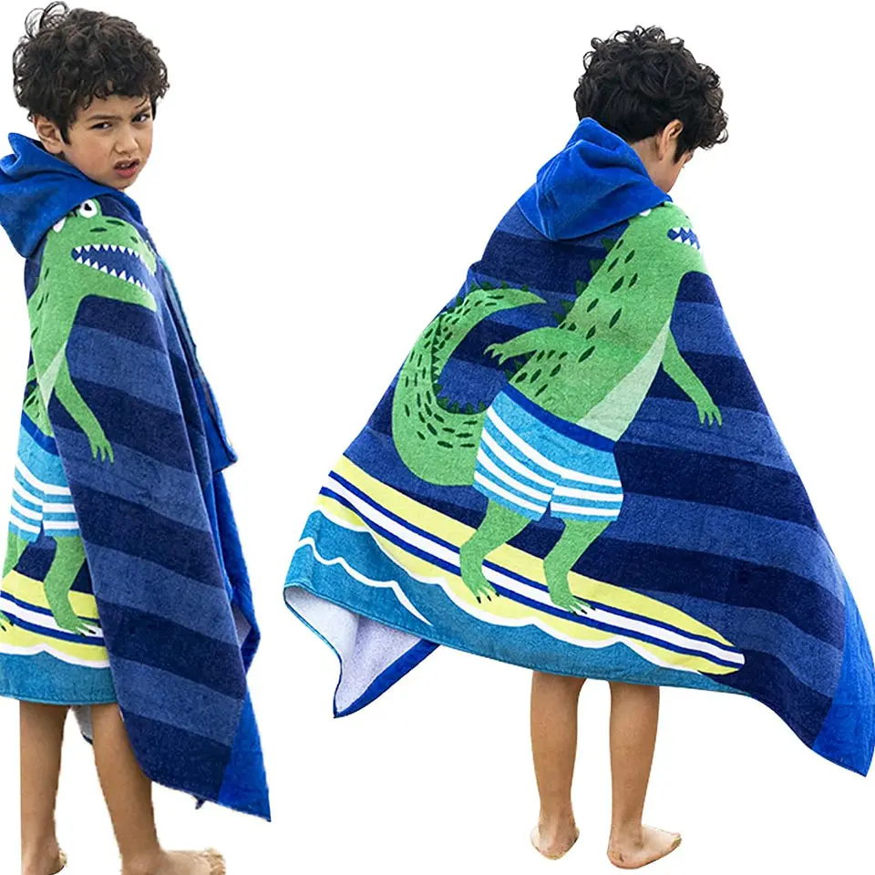 Baskı köpekbalığı timsah balina mikrofiber çocuklar kapşonlu panço banyo plaj değişen havlu Robe Cover Up giymek