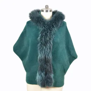 New Arrival Real Raccoon Fur Trim Hooded Women Poncho Shawl Cape For Winter