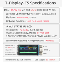 Carte de développement LILYGO T-Display C5 avec puce ESP32-C5 + écran couleur IPS de 1,9 pouces, Wi-Fi 6 double bande + BLE 5, conception de circuit imprimé multicouche
