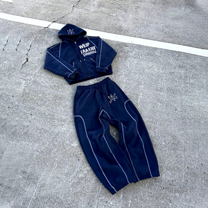 Ensemble sweat à capuche vintage jogger survêtement lourd en polaire pour hommes sweat à capuche zippé broderie logo couture inversée - Product Image 2