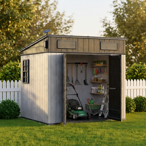 Abri de jardin extérieur en résine plastique à texture bois esthétique 6x8 pieds, durable, écologique, <span class=keywords><strong>anti</strong></span>-UV, double paroi en acier, mobilier de jardin - Product Image 2