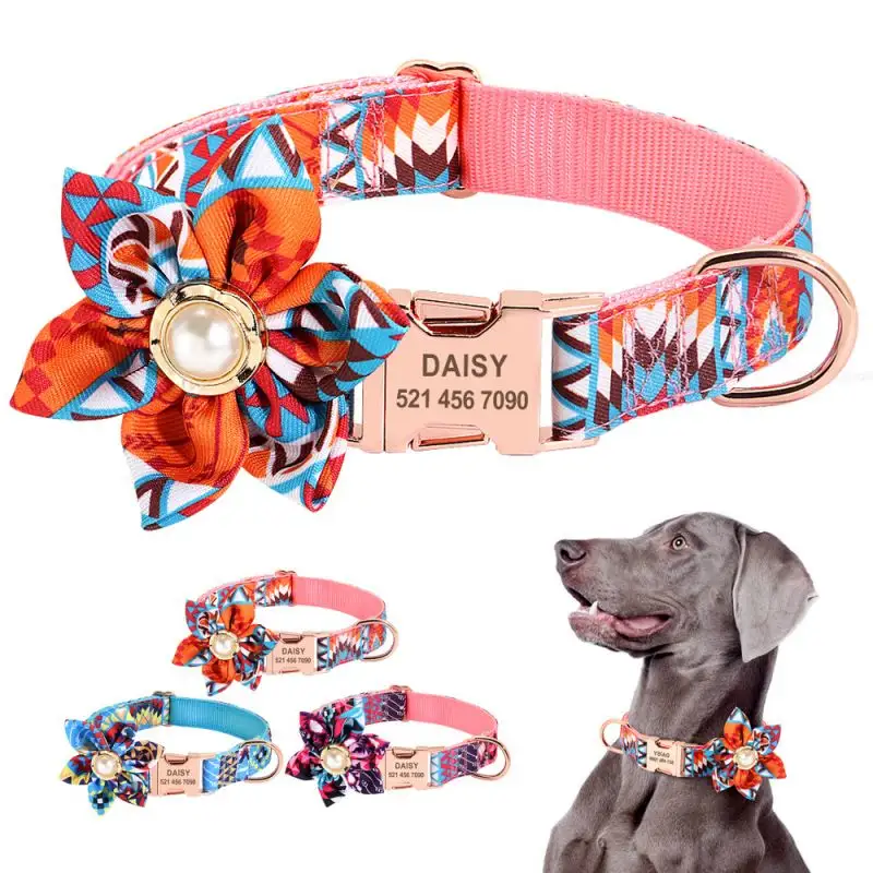 Custom Logo Adjustable Personalized Cute Fancy Pattern Floral Pet Dog Collar with Safety Metal Buckle