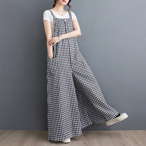 Y2180 nuova tuta a scacchi retrò da donna con vestibilità ampia e Slim, pantaloni a gamba larga, tuta oversize in cotone e lino - Product Image 5