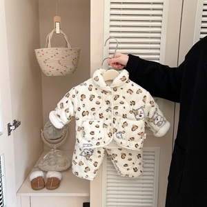 Completo Invernale Extra Spesso per Neonati, Carino <span class=keywords><strong>Pigiama</strong></span> Due Pezzi con Pantaloni Felpati e Stampati per Bambini e Bambine - Product Image 1