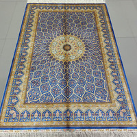 Tapis en soie bleu 4x6, design dôme médaillon persan Qum, fait main en Chine, noué à la main, pour chambre à coucher à Dubaï