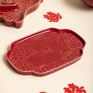 Juego de bandejas de cerámica rojas para servir en bodas, con tazas y cuencos para frutas, nueces, ceremonia del té y decoración del hogar. - Product Image 4