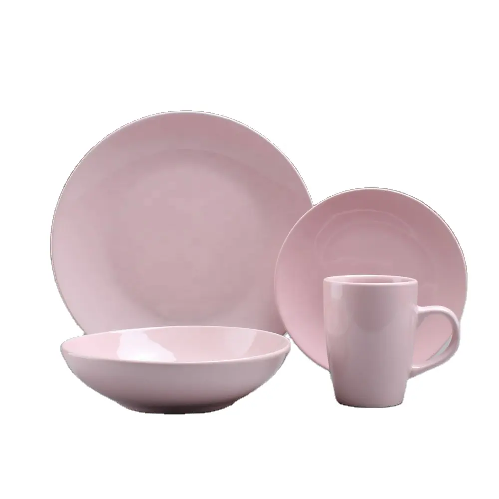 LFGB Certified Luxury Pink Farbe Runde Glasur Steinzeug Geschirr Mit 12 Unzen Kaffeetasse Für 4 Personen