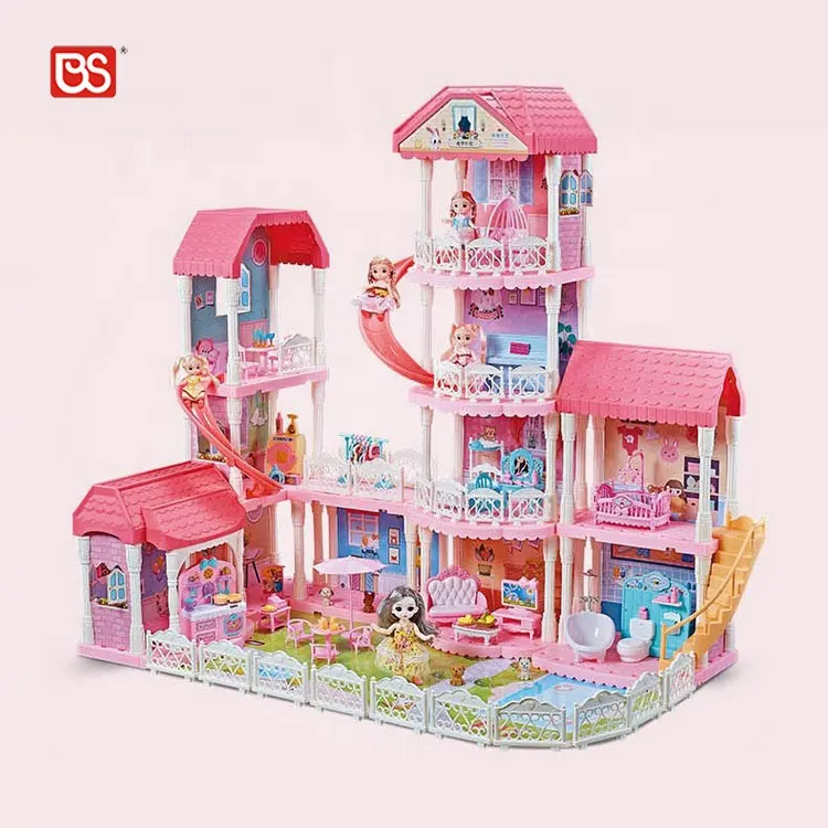 BS Toy 2021 Baby Mädchen Traumhaus Luxus 4 Stockwerke Prinzessin Spielhaus Schloss Villa Diy Big 1:12 Miniatur Puppenhaus Möbel