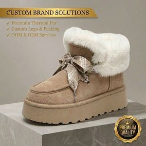 Bottes de neige tendance pour femmes à plateforme, hauteur accrue de 5 cm, avec lacets en ruban, col en fourrure moelleuse, logo personnalisable - Product Image 1