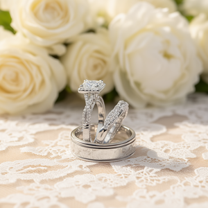 Élégant ensemble de trois bagues en cuivre faites à la main, blanc, H521, cadeau de mariage pour la Saint-Valentin - Product Image 2