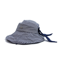 Koreaanse stijl retro marineblauwe geruite emmerhoed met opgerolde rand Zomerhoed met dunne rand, ademend, zonwerend Panamahoed