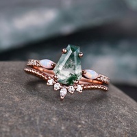 Conjunto de anillo de compromiso de ágata de musgo verde en forma de ataúd, conjunto de anillo nupcial de ágata de musgo de Plata de Ley 925, anillo de ágata de musgo y ópalo