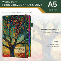 Agenda 2027 de haute qualité A5, couverture rigide en PU et papier, impression artistique colorée Arbre de Vie, avec élastique et attache pour stylo, pour bureau et école