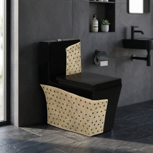 WC monobloc en céramique décorative orange et noir, design de créateur, avec abattant UF, siphon en P, à poser au sol - Product Image 6