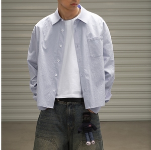 Camicia Corta da Uomo in Cotone Azzurro Stile Giapponese Minimalista, Vestibilità Boxy, Basso MOQ - Product Image 1