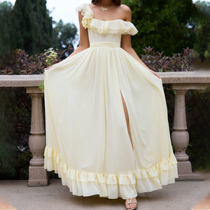 Vestido Maxi Elegante de Gasa con Volantes y Hombros Descubiertos para <span class=keywords><strong>Mujer</strong></span>, con Abertura Alta y Espalda Corsetada, Ideal para Uso Diario, Formal, Fiestas, Noches y Bodas - Product Image 5