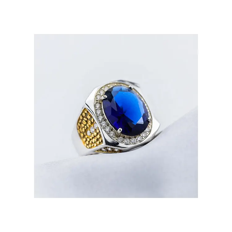 Sterling Silver Micro Pave Cz Wedding Men Blue Ring Jewelry With Blue Stone