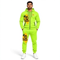 Set Hoodie Sweatshirt Pria Hijau Neon Cetak Tanpa Alasan, Pakaian Kasual Musim Gugur, Bahan French Terry Bernapas, Tracksuit Pria