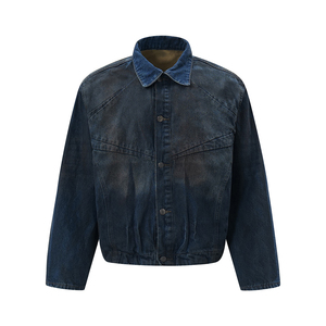 Blouson Bomber Homme Tendance Rétro <span class=keywords><strong>en</strong></span> <span class=keywords><strong>Jean</strong></span> Délavé Effet Acide, Style Punk avec <span class=keywords><strong>Peinture</strong></span> Pulvérisée Dégradée, Broderies Vintage, Style Urbain Éco-Responsable - Product Image 1