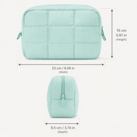 Pochette de maquillage en coton matelassé vert menthe, pochette cosmétique douce, trousse de toilette de voyage avec fermeture éclair, étui de rangement portable pour femmes