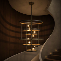 Lustre à anneaux superposés noir Cano Lighting, anneaux métalliques avec intérieur doré sur un pied vertical, luminaire de plafond moderne et industriel