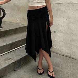 American Street Style Fashion Solid Color Fold Over Waistband Asymmetrical Slit Midi Skirt Elegant Versatile Relaxed Fit Skirt - Product Image 3