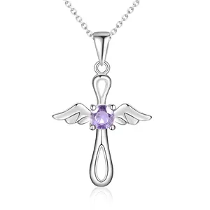 Zhefan Jewelry Aquamarine Cross Pearl Necklace Amethyst Necklace Purple Cz Butterfly 925 Sterling Silver Cross Pendant Necklace