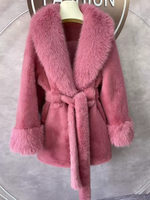Damen Umweltfreundlicher Kunstnerzmantel mit Kunstfellkragen Winter Langarm Pelzbesatz Schößchen-Parka ELEGANTER Mantel mit Gürtel