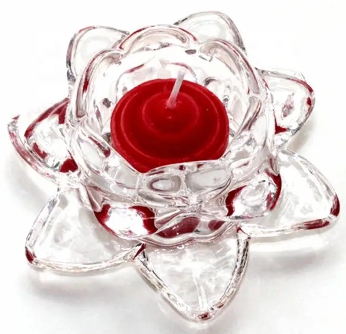 2024 Clear Crystal Lotus Shaped Religious Glass Candle Holder Tealight Lotus Flower Glass Candle Holder