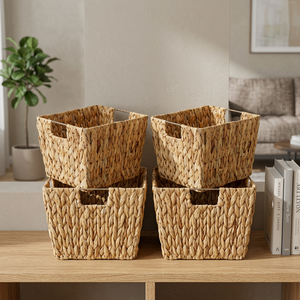 Natural Water Hyacinth <b>Storage</b> <b>Baskets</b> <b>Rectangle</b> With Handles Rustic Multi Purpose Neatening Container - Product Image 2