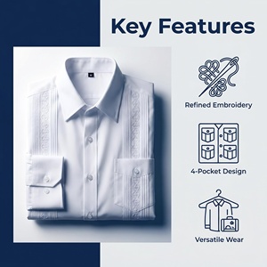 <span class=keywords><strong>Camicia</strong></span> Guayabera Cubana da Uomo Bianca Pura con Colletto Ricamato, Maniche Lunghe e 4 Tasche per Uso Formale e Quotidiano - Product Image 5