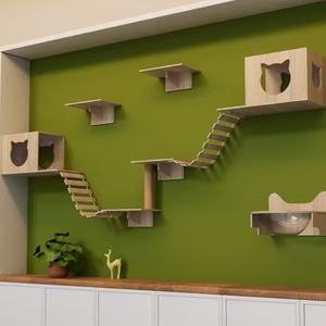 Structure d'escalade murale moderne en bois massif pour chat, 4 niveaux, petite <span class=keywords><strong>cage</strong></span>, plateforme de saut, nid panoramique, hamac, carton écologique - Product Image 1