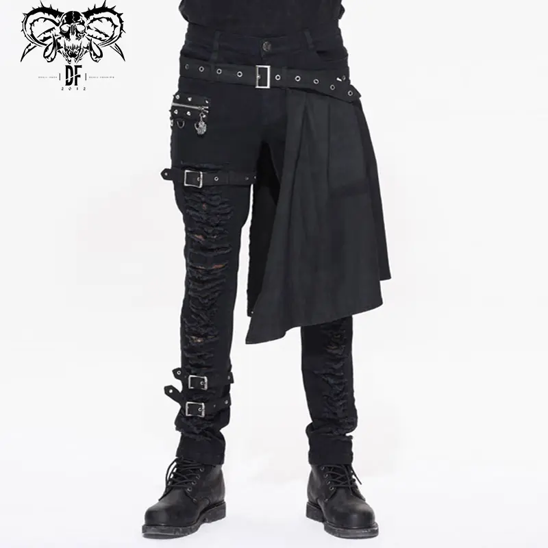 PT032 wholesale western fashion designer band rivets studded black punk rock straight leg ragged men trousers with loops