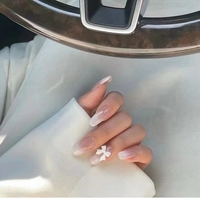 24 faux ongles cercueil moyens à presser, rose nude ombré, avec nœud blanc 3D, réutilisables en ABS, avec colle, pour femmes, pour usage quotidien