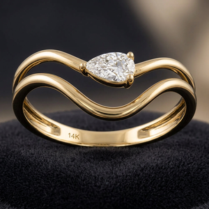 Anillo de compromiso de oro de 14K con moissanita talla pera, banda abierta y engaste de garra, regalo de joyería para mujer - Product Image 2