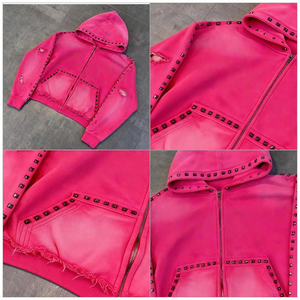 Chaqueta con capucha para hombre, estilo holgado y corto, con bordado, lavado ácido rosa, efecto desgastado por el sol, con diamantes y cremallera de pedrería - Product Image 2