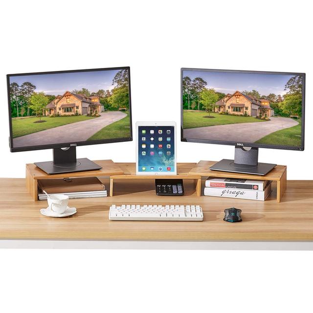 Dual Monitor Stand Riser for Desk Natural Bamboo Stand for 2 Monitors Laptop Printer Length and Angle Adjustable Home Office