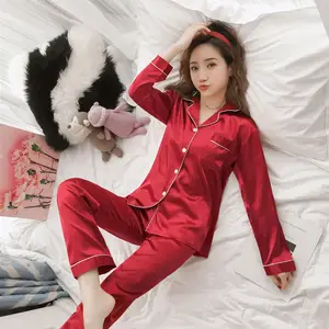 Vrouwen Nachtkleding Satijn Pyjama Sets Lange Mouw Herfst Nachtkleding Faux Zijden Pyjama Pak Vrouwelijke Homewear