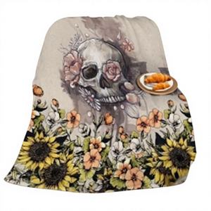 Manta de Franela de Felpa Suave y Acogedora con Diseño de Calavera y Girasol, Estilo Rústico, para Cama, Silla o Sofá - Product Image 1