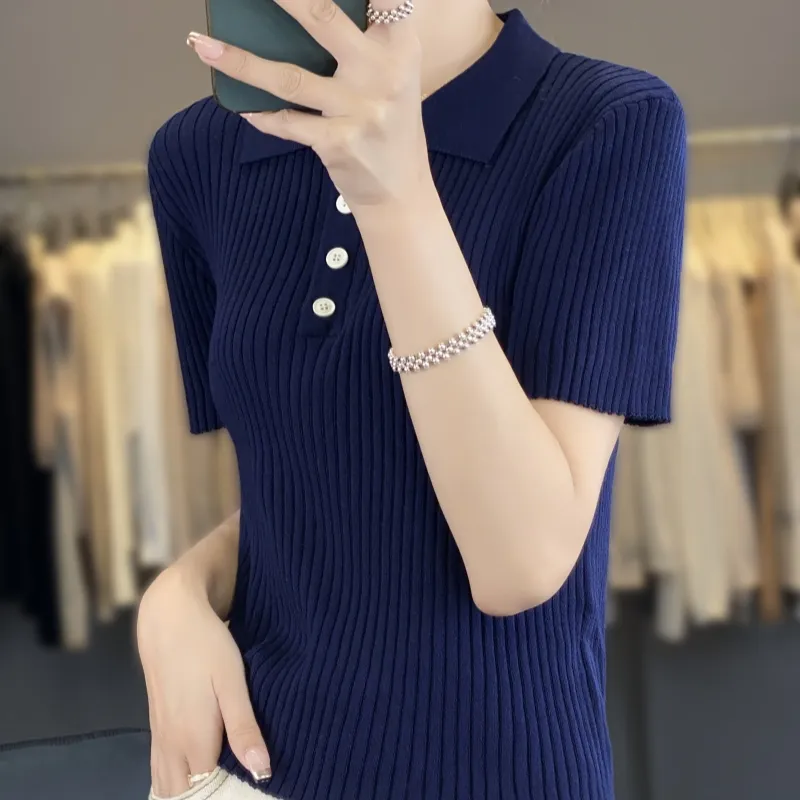 Derselbe Stil wie Prominenten 100 % Tian Si Cang blaues Revers gestricktes Hemd Akzeptiert Individualisierung