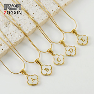 Zogxin Stainless Steel Four Leaf Clover Letter Pendant Necklace Gold Tone Women's Jewelry Gift Fashion Necklace A To E - Product Image 1