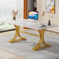 Bureau d'ordinateur de direction moderne en bois faux marbre de 63 '', grand bureau de luxe pour la maison avec pieds en métal élégants