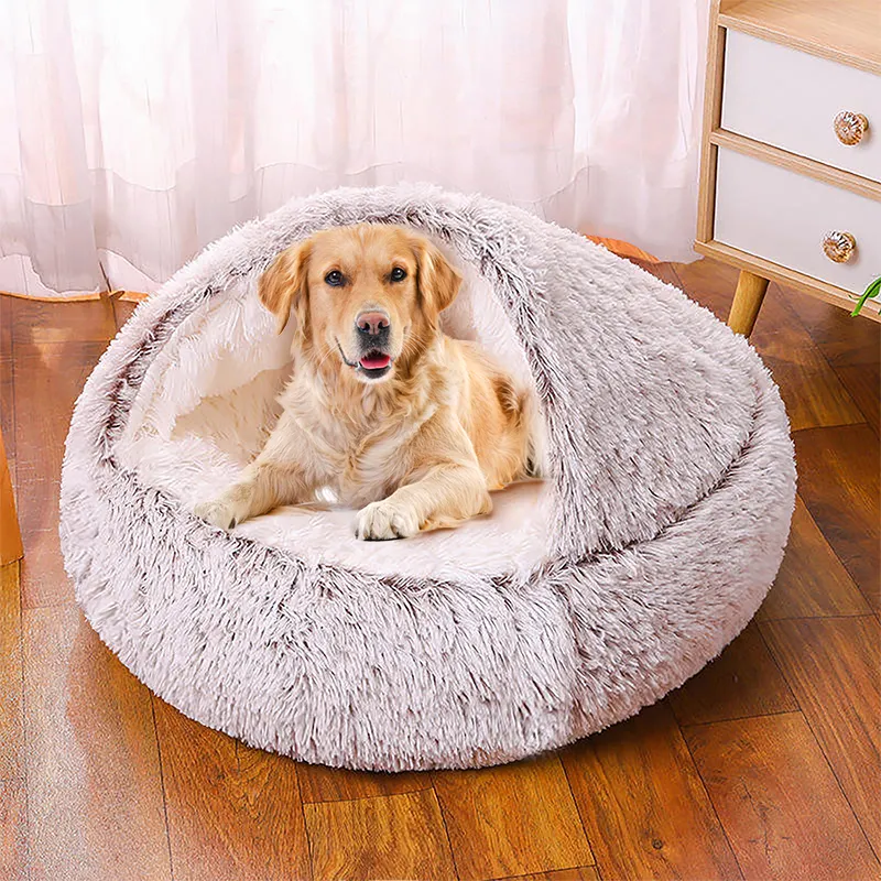 Petit chien chat lit rond beignet apaisant lits pour animaux de compagnie Anti-anxiété grotte lit avec tente pour la chaleur et la sécurité Hundebett