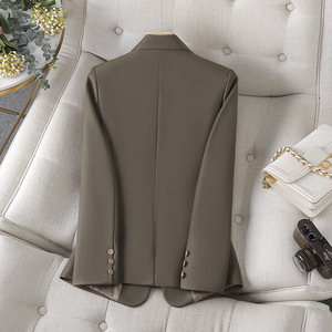 Women's Brown Long Sleeve Blazer Slim Fit Anti Wrinkle Solid Color Polyester Suit Jacket For Autumn 2023 - Product Image 4