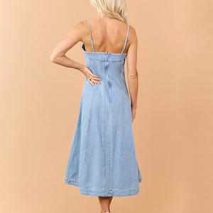 New fashionable square neck <b>loose</b>-<b>fitting</b> washed color-blocked midi <b>dress</b> custom-made 100% cotton denim <b>dress</b> - Product Image 3