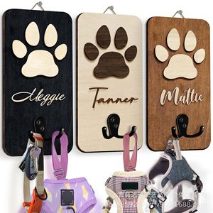 Wooden Wall Mounted Dog Leash Rack Pet Harness <b>Hook</b> Holder Entryway Collar Storage Rack Durable Rectangle Brown Light <b>Black</b> - Product Image 1