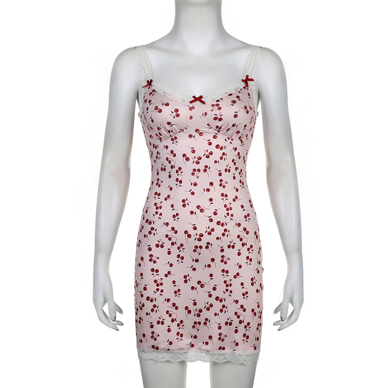 Shop Our Pink Cherry-Printed Dress with Bowknot and Lace Trim