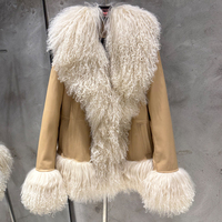 Veste en cuir rose pour femme avec col en fourrure de Mongolie, en cuir de mouton véritable, pour l'automne