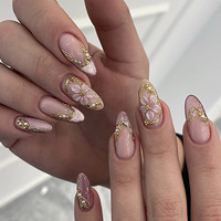Ongles à presser en acrylique rose nude, forme amande, avec fleurs 3D, effet œil de chat brillant, élégants et luxueux, pour mariée et usage quotidien, commande en gros